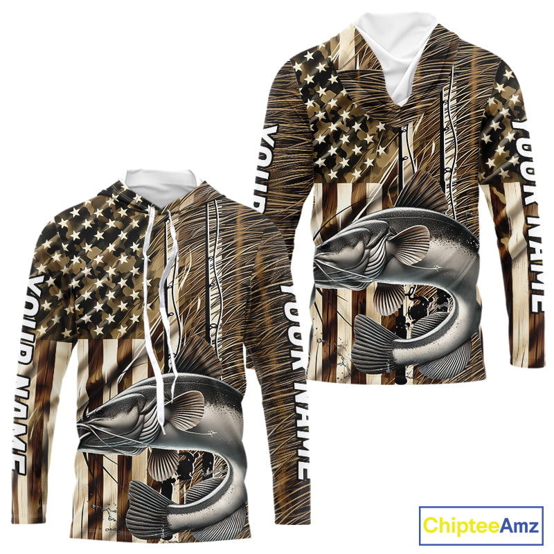 Custom Patriotic Camouflage American Flag Fishing Rod Catfish Fishing T-Shirts