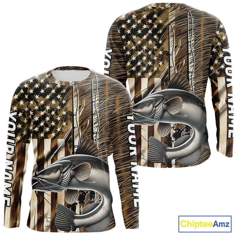 Custom Patriotic Camouflage American Flag Fishing Rod Catfish Fishing T-Shirts