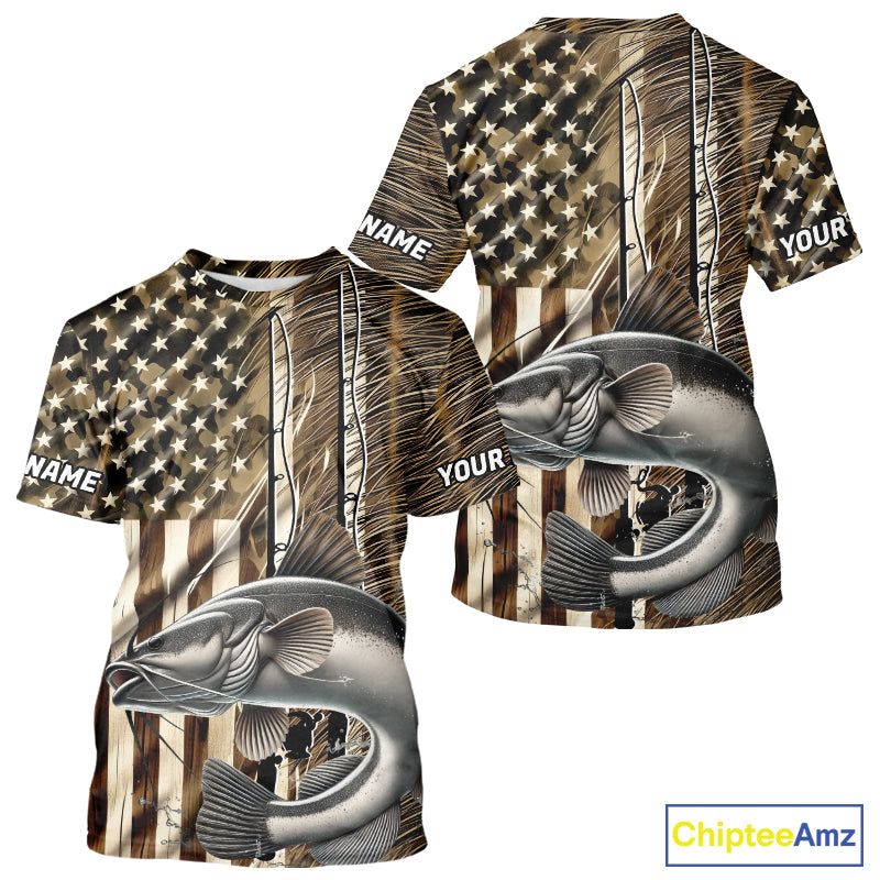 Custom Patriotic Camouflage American Flag Fishing Rod Catfish Fishing T-Shirts