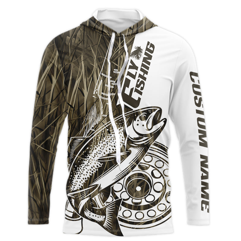 Custom Brown Grass Camo Trout Fly Fishing Long Sleeve Hooded, Fly Reel Fishing