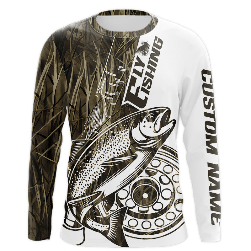 Custom Brown Grass Camo Trout Fly Fishing Long Sleeve Hooded, Fly Reel Fishing