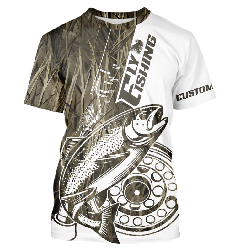 Custom Brown Grass Camo Trout Fly Fishing Long Sleeve Hooded, Fly Reel Fishing