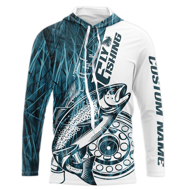 Custom Blue Grass Camo Trout Fly Fishing Long Sleeve Hooded, Fly Reel Fishing