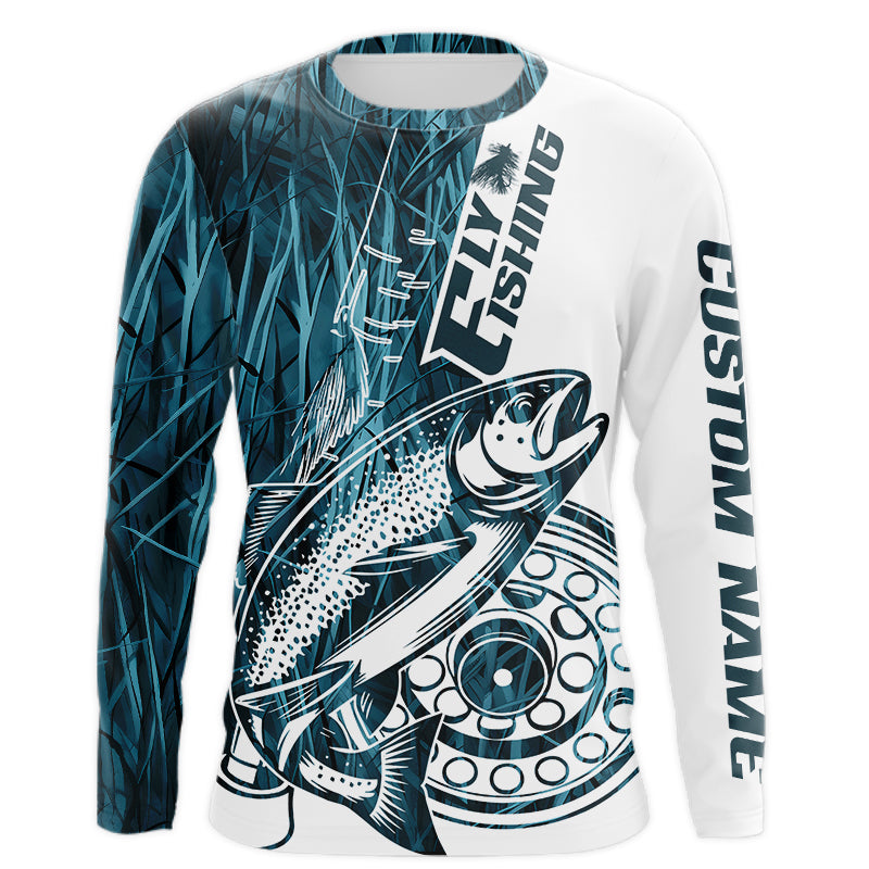 Custom Blue Grass Camo Trout Fly Fishing Long Sleeve Hooded, Fly Reel Fishing