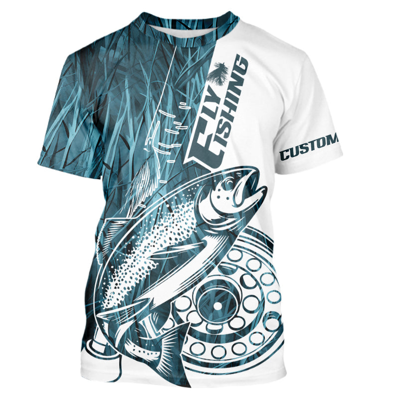 Custom Blue Grass Camo Trout Fly Fishing Long Sleeve Hooded, Fly Reel Fishing