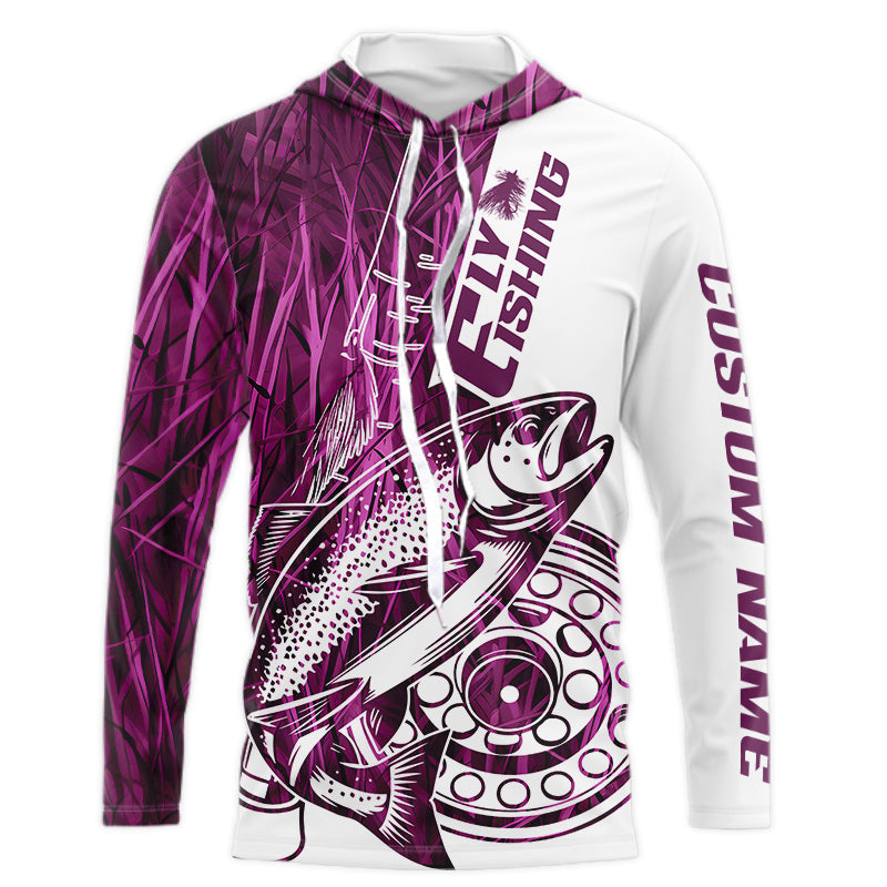 Custom Pink Grass Camo Trout Fly Fishing Long Sleeve Hooded, Fly Reel Fishing