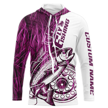 Custom Pink Grass Camo Trout Fly Fishing Long Sleeve Hooded, Fly Reel Fishing