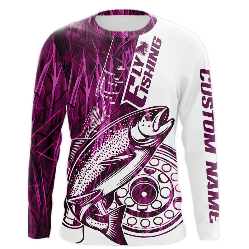 Custom Pink Grass Camo Trout Fly Fishing Long Sleeve Hooded, Fly Reel Fishing