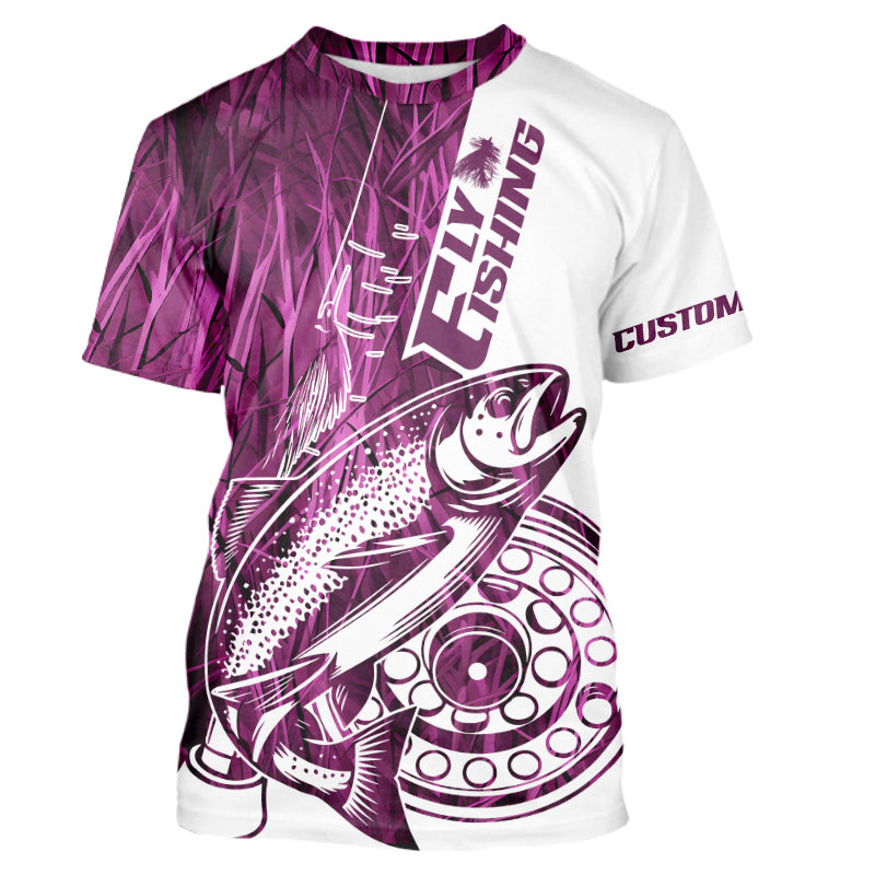 Custom Pink Grass Camo Trout Fly Fishing Long Sleeve Hooded, Fly Reel Fishing