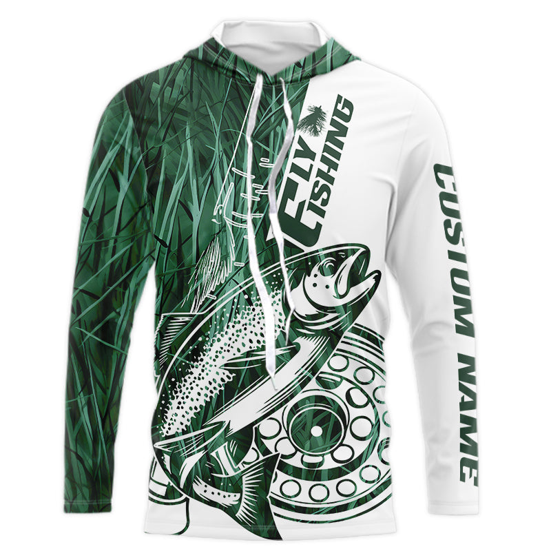 Custom Green Grass Camo Trout Fly Fishing Long Sleeve Hooded, Fly Reel Fishing
