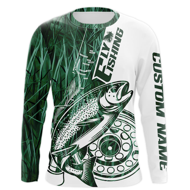 Custom Green Grass Camo Trout Fly Fishing Long Sleeve Hooded, Fly Reel Fishing