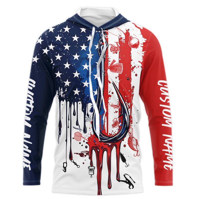 Custom American Flag Fishing Tools, Patriotic Long Sleeve Hooded Fishing With Name