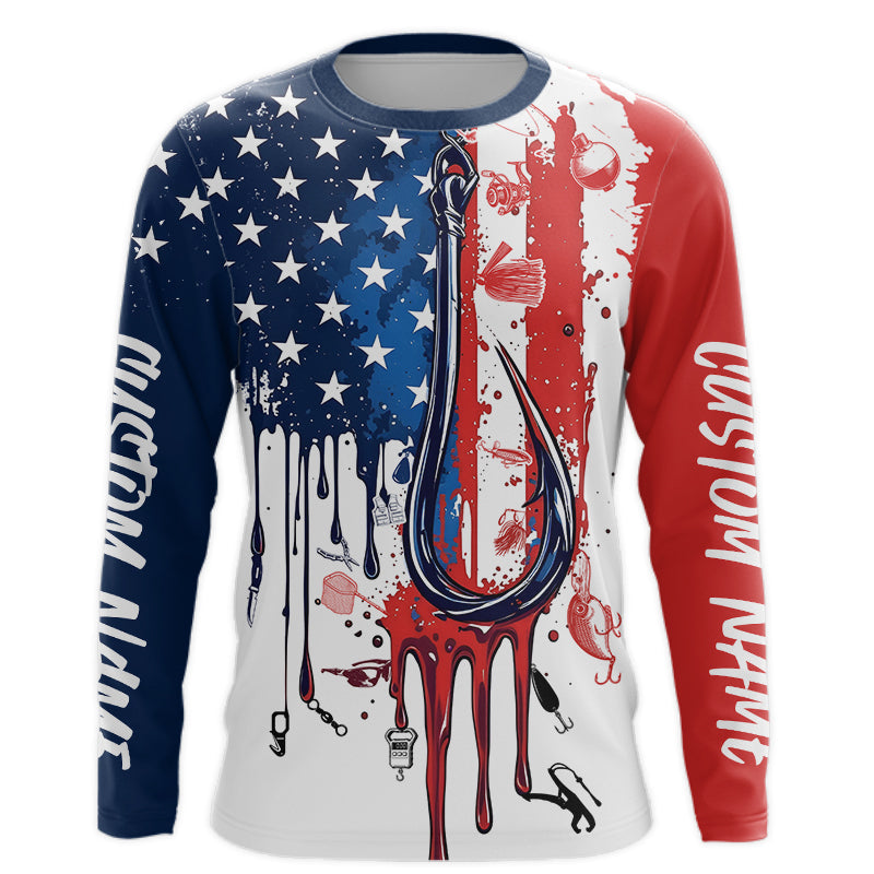 Custom American Flag Fishing Tools, Patriotic Long Sleeve Hooded Fishing With Name
