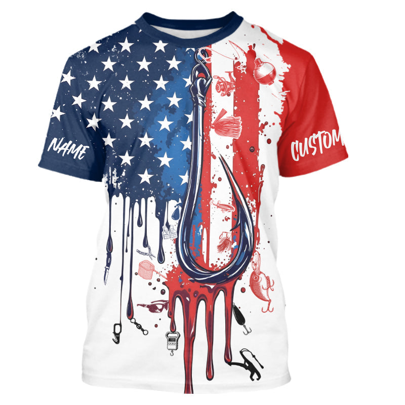 Custom American Flag Fishing Tools, Patriotic Long Sleeve Hooded Fishing With Name