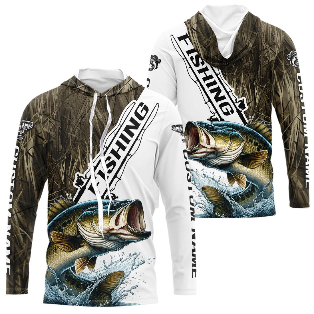 Custom Name Grass Camo Largemouth Bass Long Sleeve Hooded Tournament Fishing