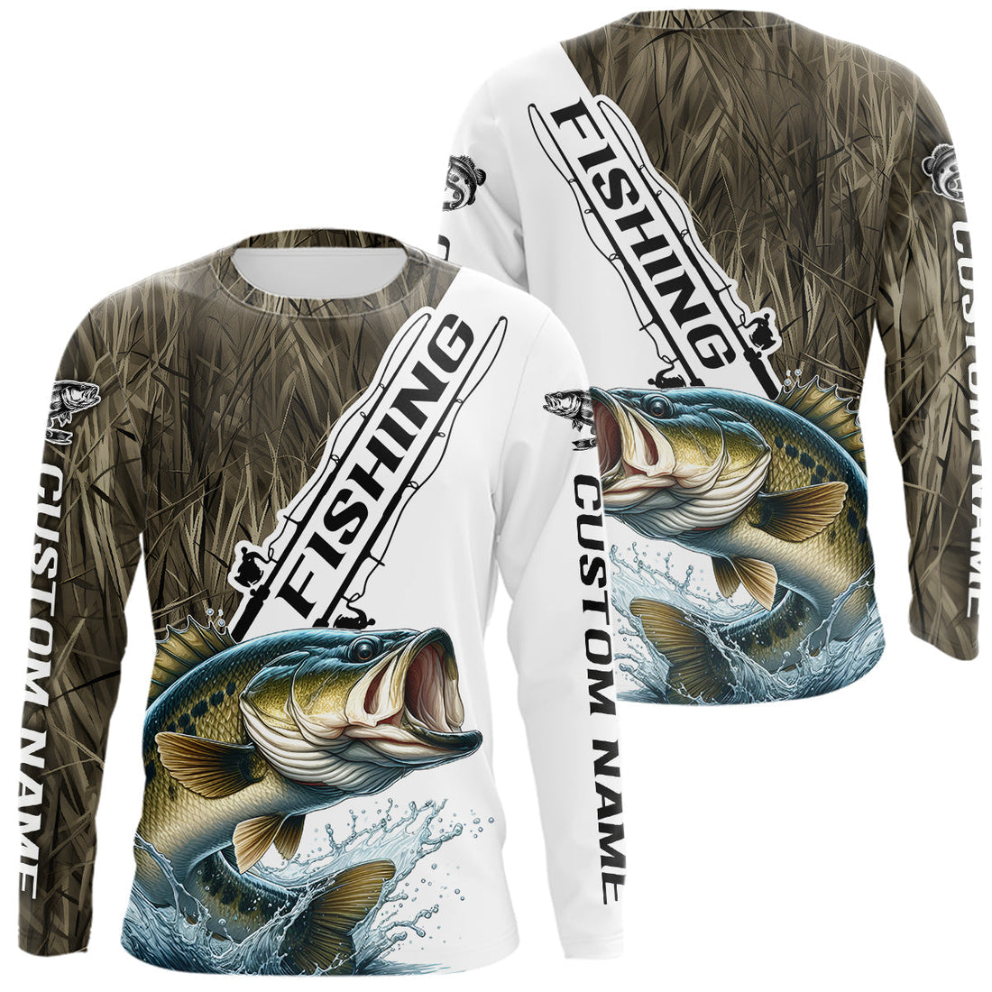 Custom Name Grass Camo Largemouth Bass Long Sleeve Hooded Tournament Fishing