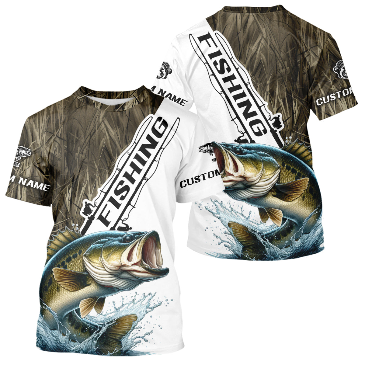 Custom Name Grass Camo Largemouth Bass Long Sleeve Hooded Tournament Fishing