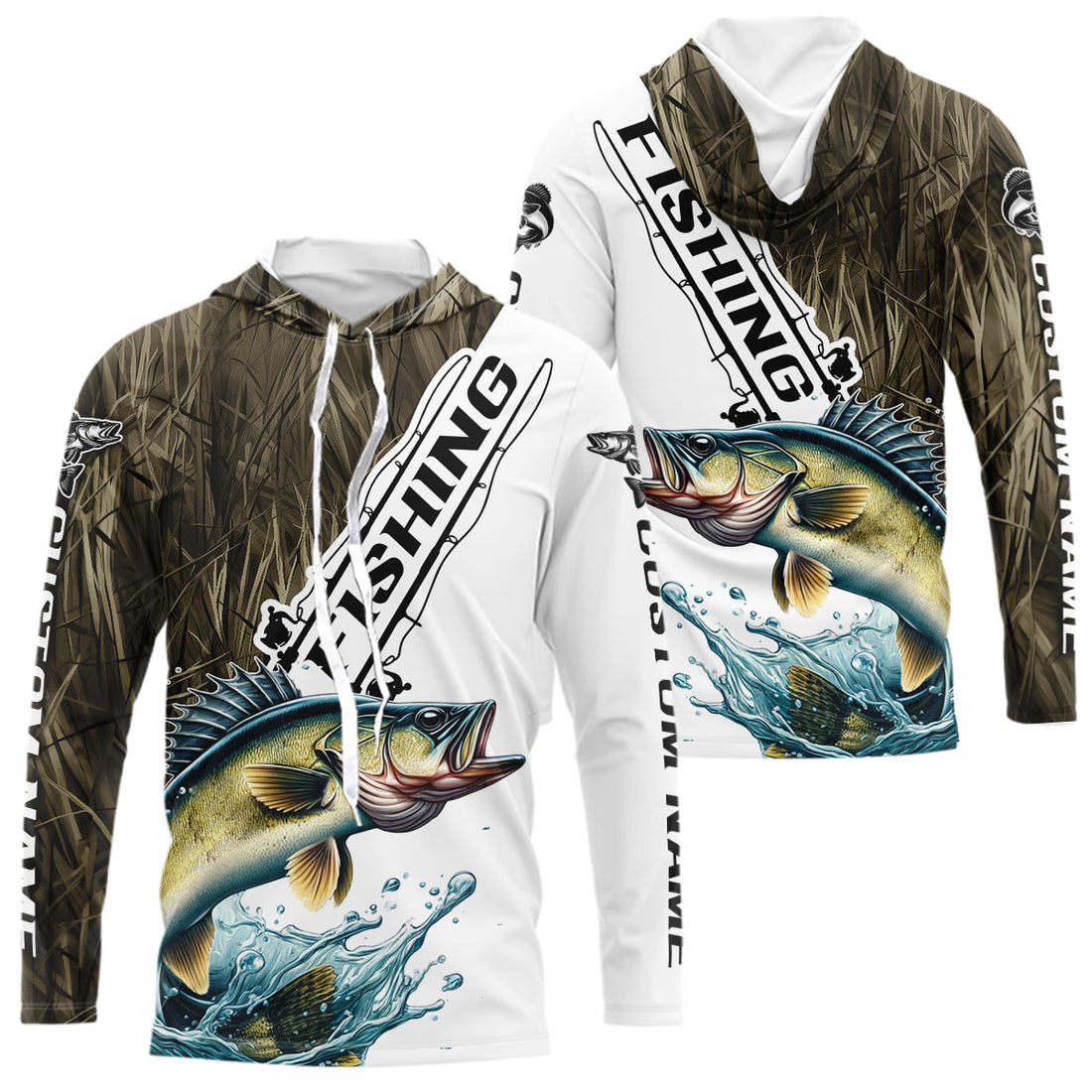 Custom Name Grass Camo Walleye Long Sleeve Hooded Tournament Fishing