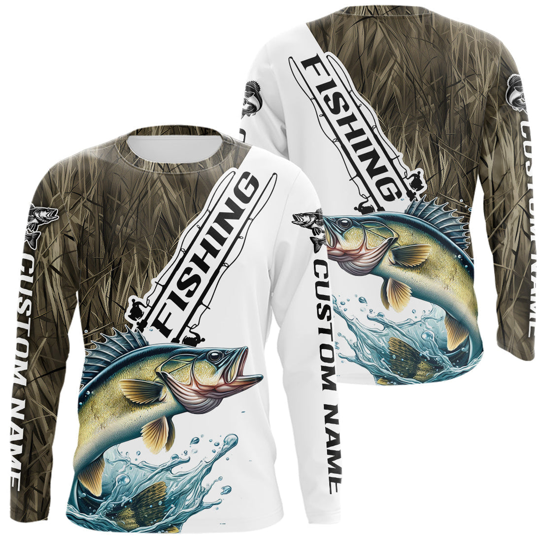 Custom Name Grass Camo Walleye Long Sleeve Hooded Tournament Fishing
