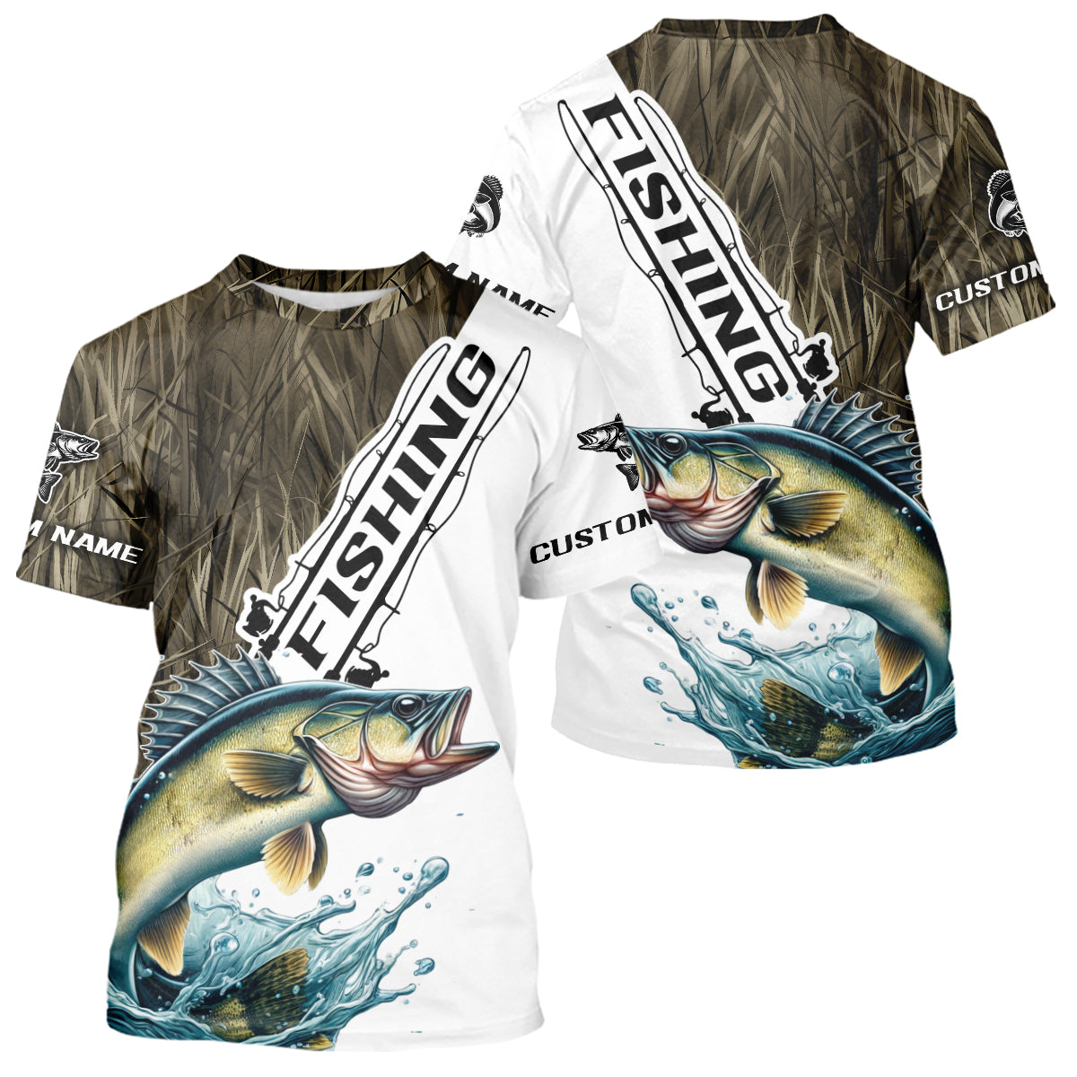 Custom Name Grass Camo Walleye Long Sleeve Hooded Tournament Fishing