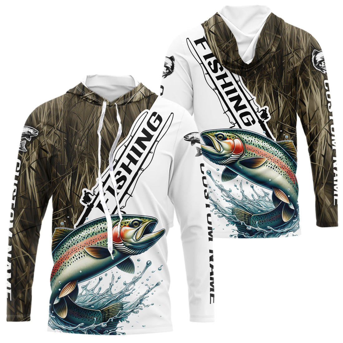 Custom Name Grass Camo Rainbow Trout Long Sleeve Hooded Tournament Fishing