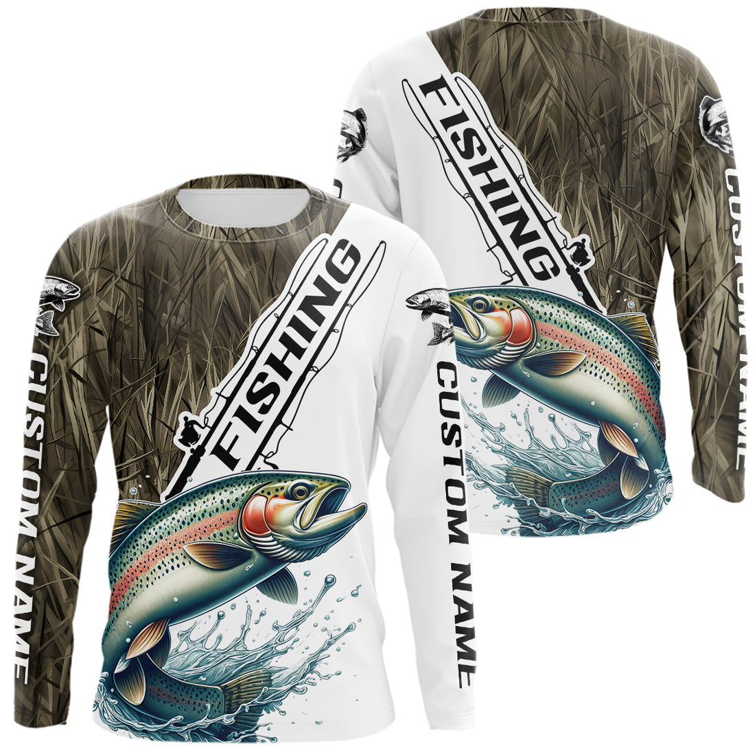 Custom Name Grass Camo Rainbow Trout Long Sleeve Hooded Tournament Fishing