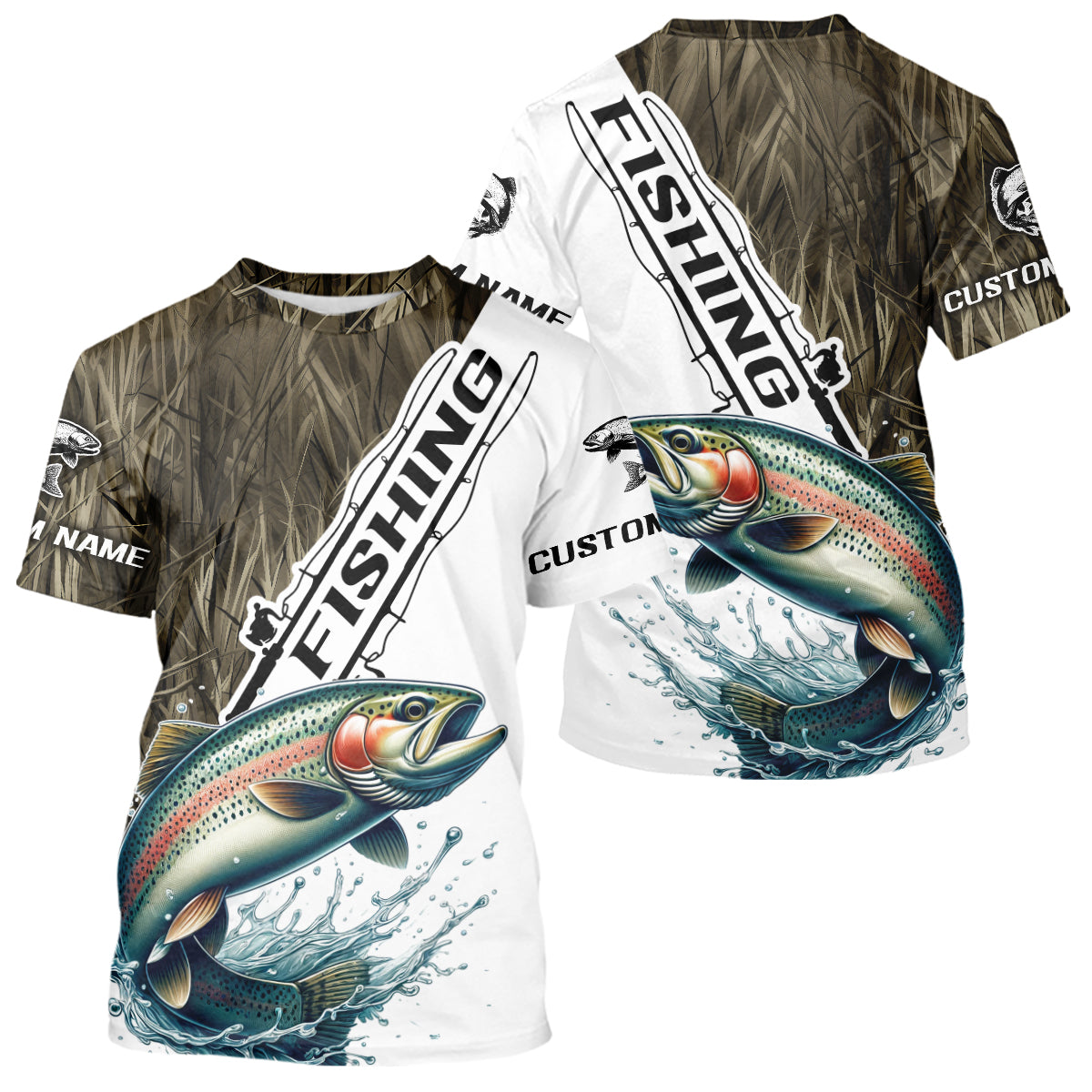 Custom Name Grass Camo Rainbow Trout Long Sleeve Hooded Tournament Fishing