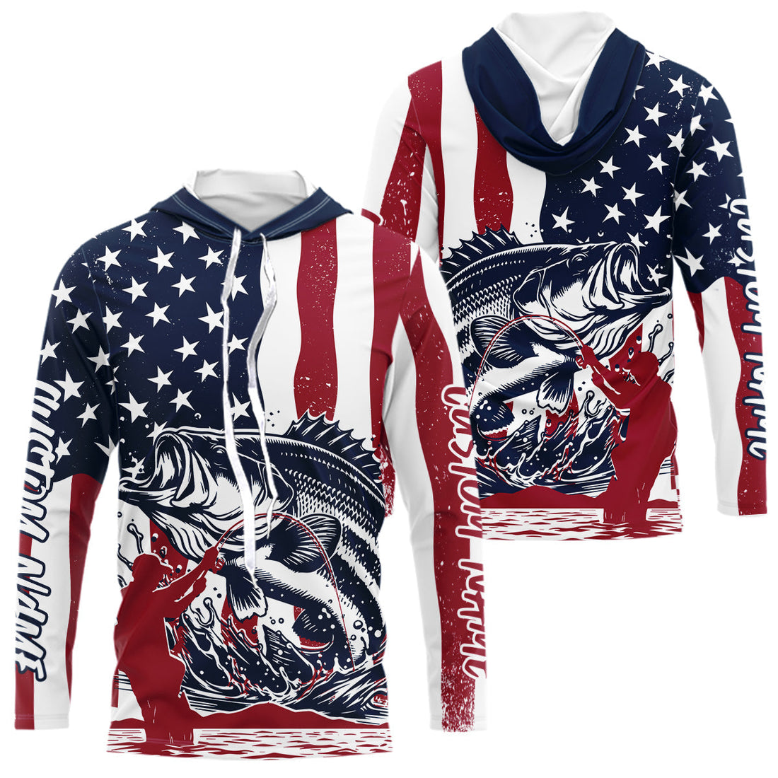 Custom Patriotic Largemouth Bass Long Sleeve Hooded Fishing, American Flag