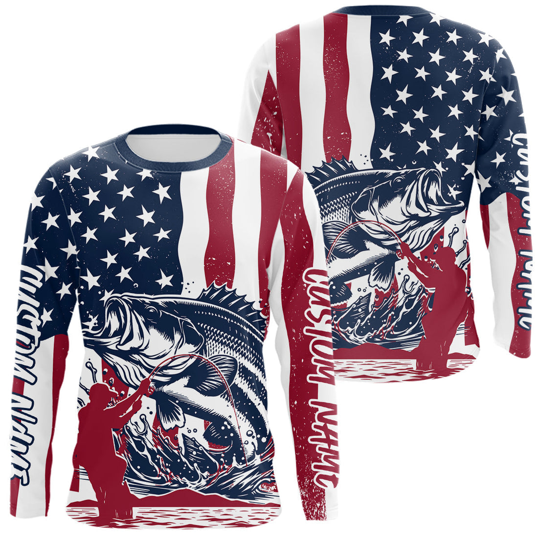 Custom Patriotic Largemouth Bass Long Sleeve Hooded Fishing, American Flag