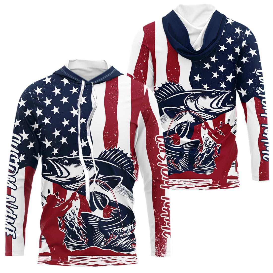 Custom Patriotic Walleye Long Sleeve Hooded Fishing, American Flag Fishing