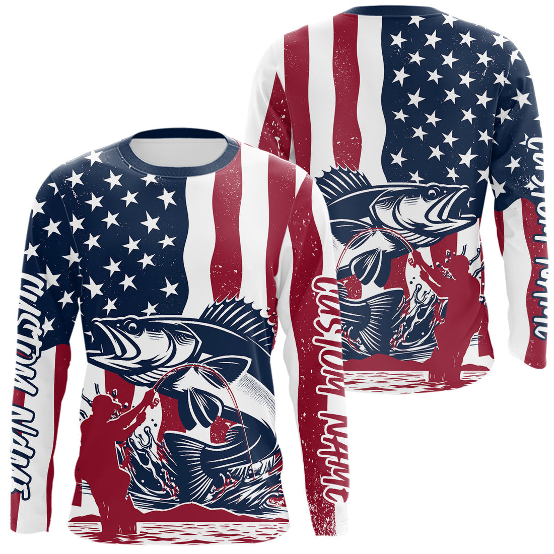 Custom Patriotic Walleye Long Sleeve Hooded Fishing, American Flag Fishing