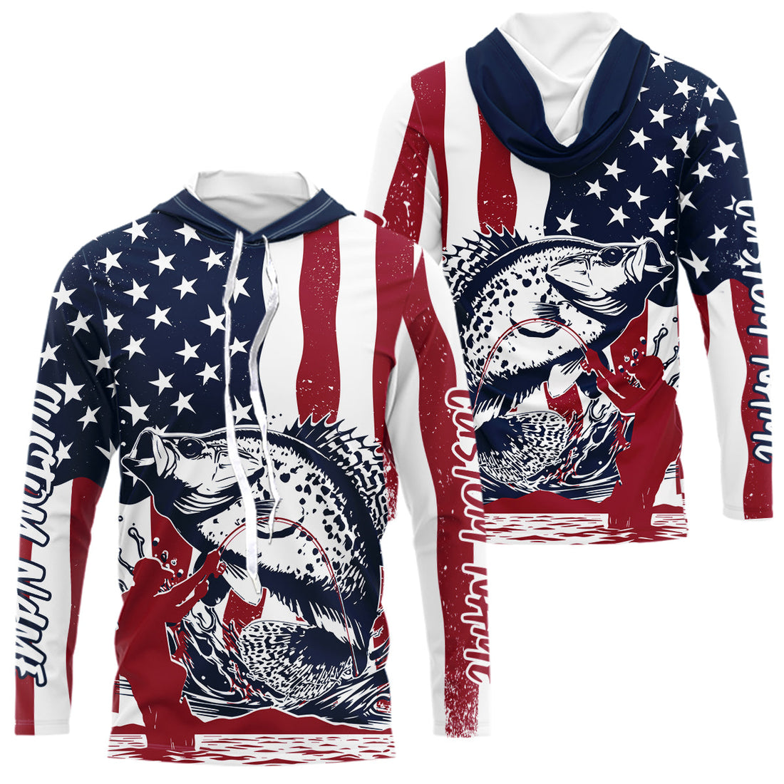Custom Patriotic Crappie Long Sleeve Hooded Fishing, American Flag Fishing