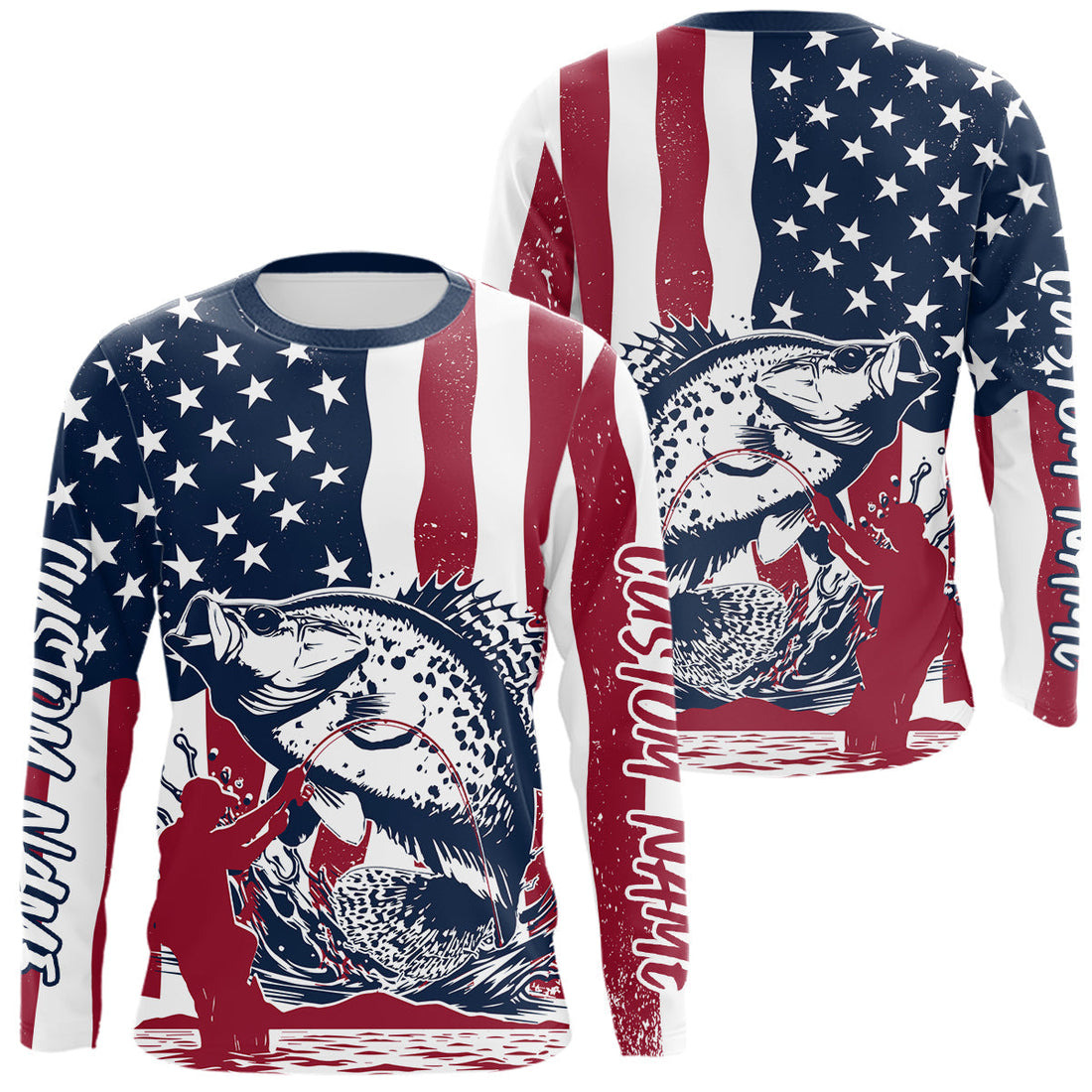 Custom Patriotic Crappie Long Sleeve Hooded Fishing, American Flag Fishing