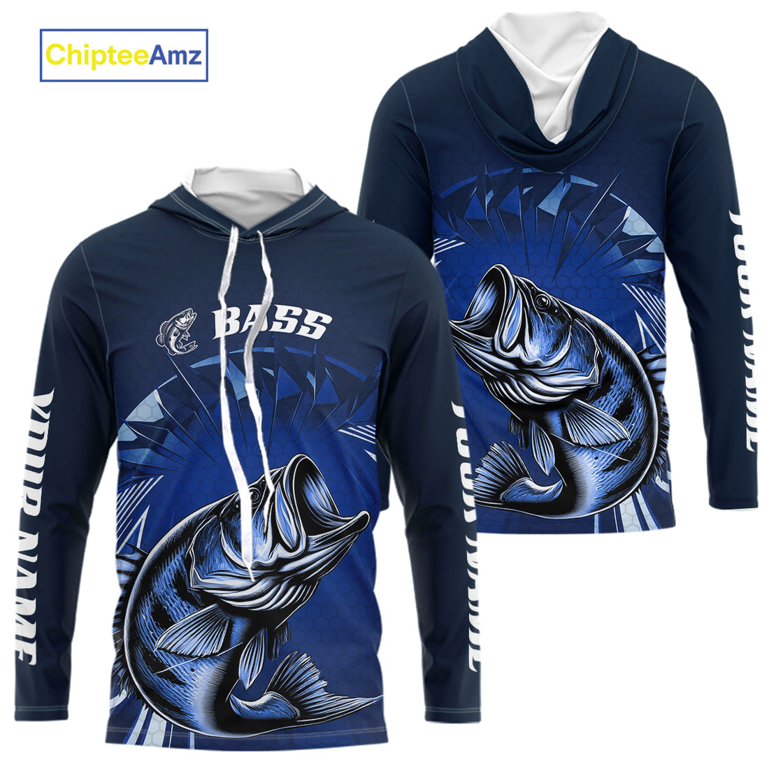 Custom Largemouth Bass Blue Long Sleeve Hooded Tournament Fishing, Bass Fishing