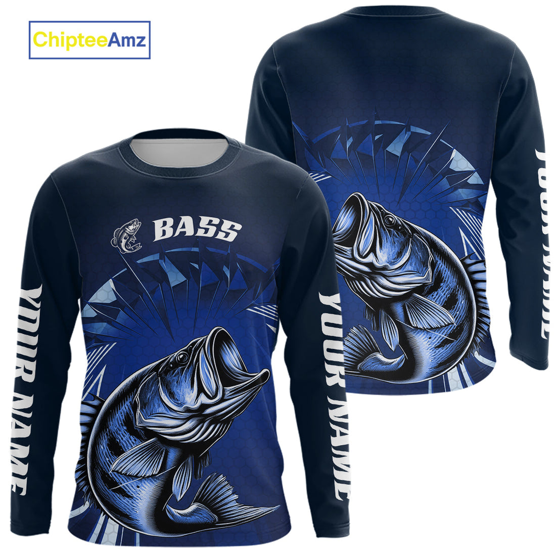 Custom Largemouth Bass Blue Long Sleeve Hooded Tournament Fishing, Bass Fishing