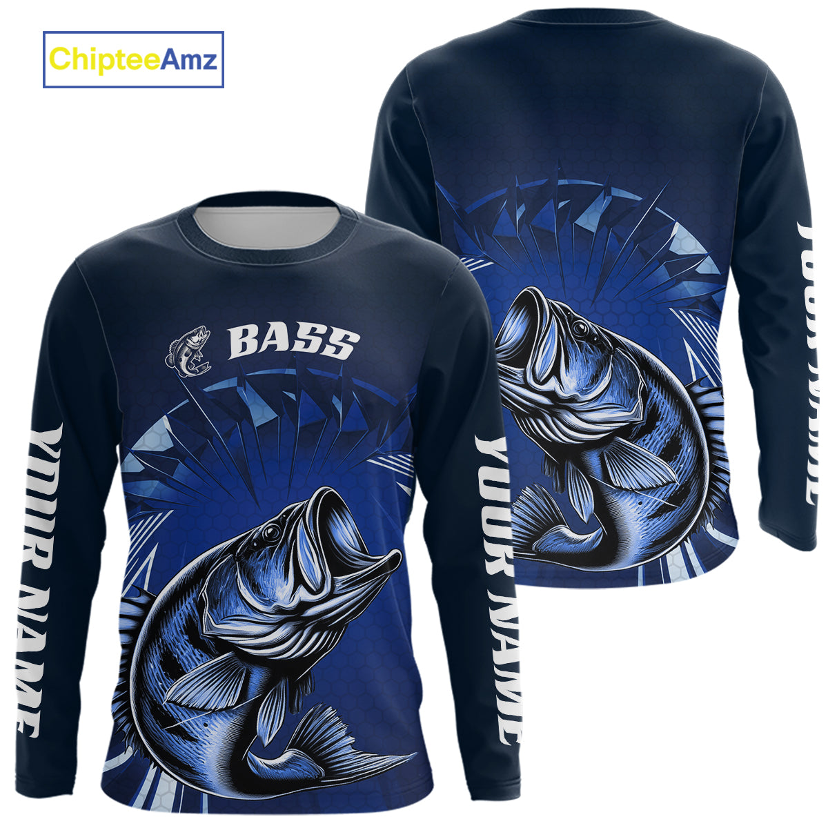 Custom Largemouth Bass Blue Long Sleeve Hooded Tournament Fishing, Bass Fishing