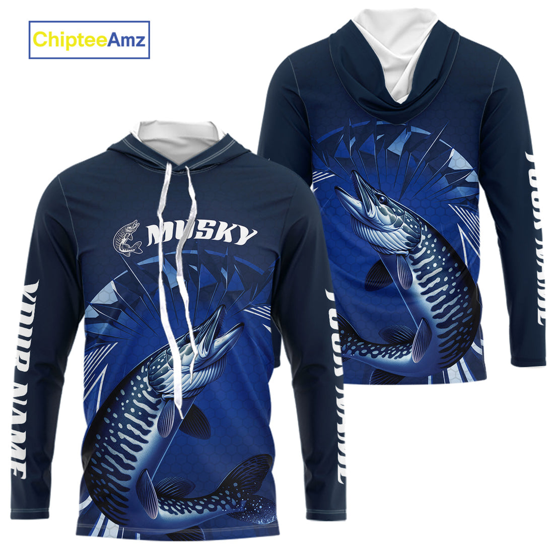Custom Musky Fishing Blue Long Sleeve Hooded Tournament Fishing, Muskie Fishing