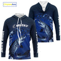 Custom Musky Fishing Blue Long Sleeve Hooded Tournament Fishing, Muskie Fishing