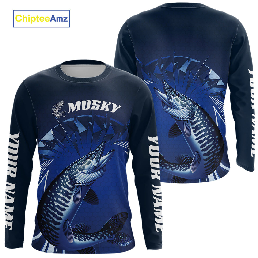Custom Musky Fishing Blue Long Sleeve Hooded Tournament Fishing, Muskie Fishing