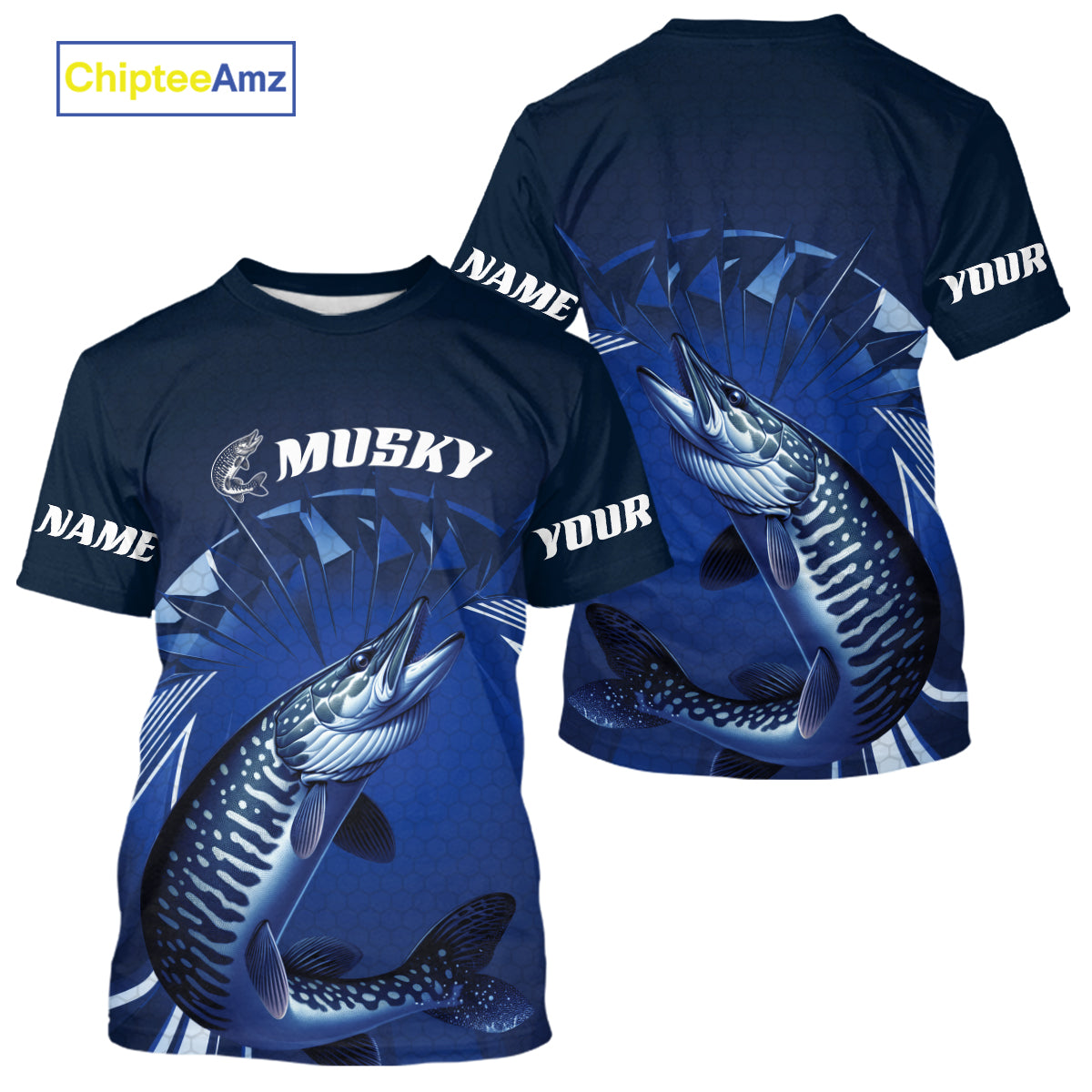 Custom Musky Fishing Blue Long Sleeve Hooded Tournament Fishing, Muskie Fishing