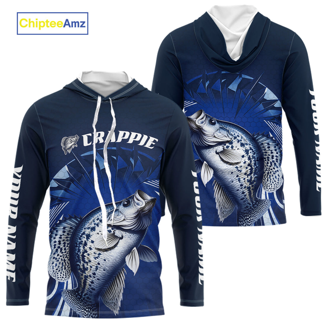 Custom Crappie Fishing Blue Long Sleeve Hooded Tournament Fishing, Crappie Fishing