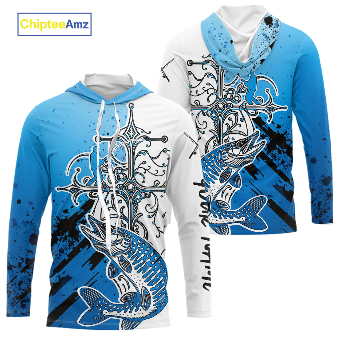 Custom Blue Camo Faith Musky Long Sleeve Hooded Tournament Fishing, Muskie