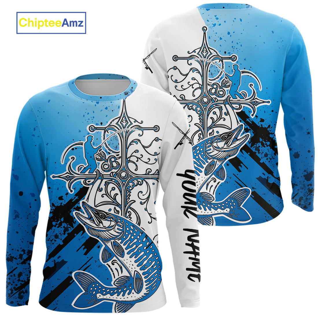 Custom Blue Camo Faith Musky Long Sleeve Hooded Tournament Fishing, Muskie