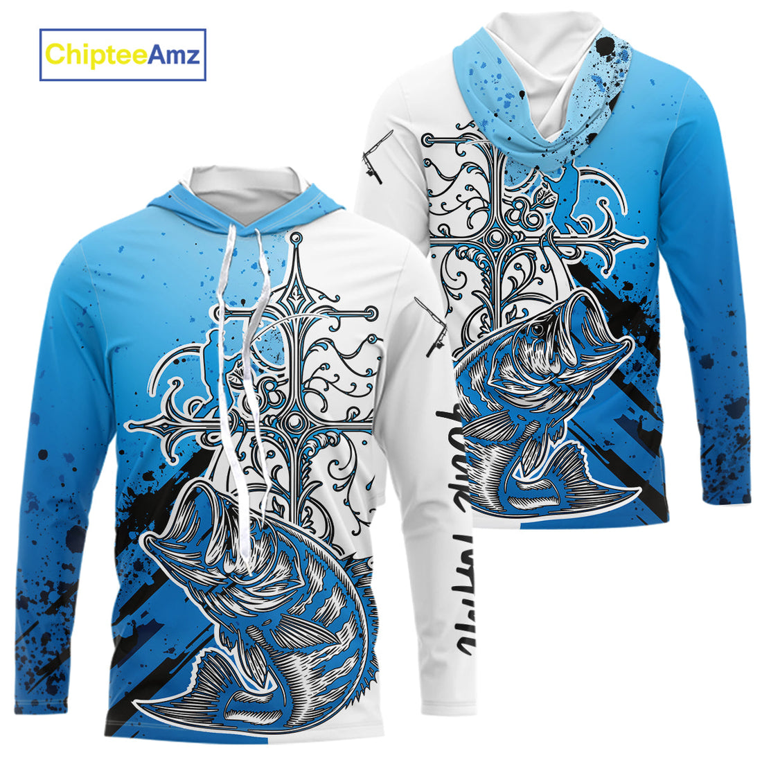 Custom Blue Camo Faith Largemouth Bass Long Sleeve Hooded Tournament Fishing