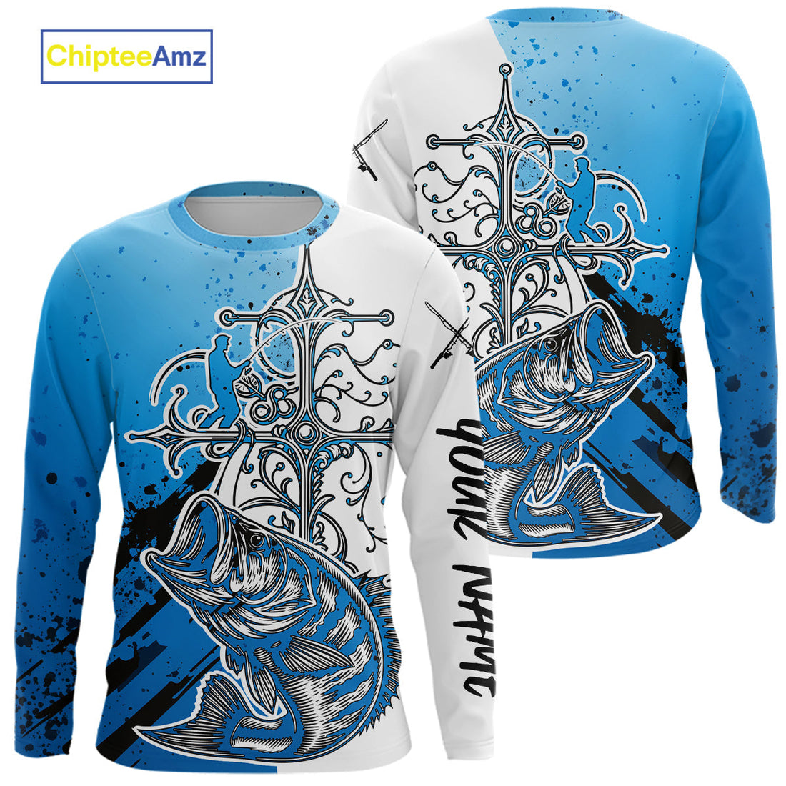 Custom Blue Camo Faith Largemouth Bass Long Sleeve Hooded Tournament Fishing