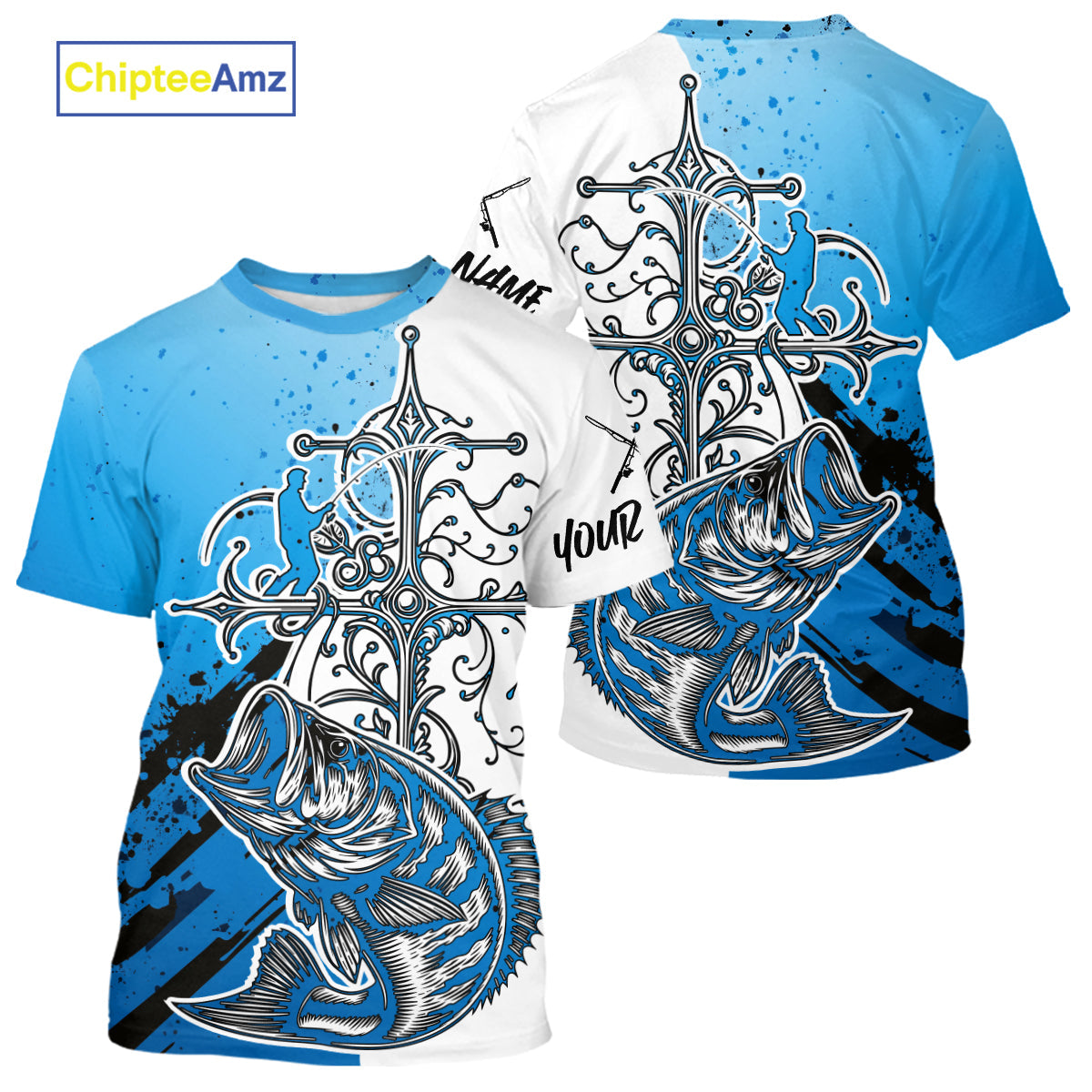 Custom Blue Camo Faith Largemouth Bass Long Sleeve Hooded Tournament Fishing