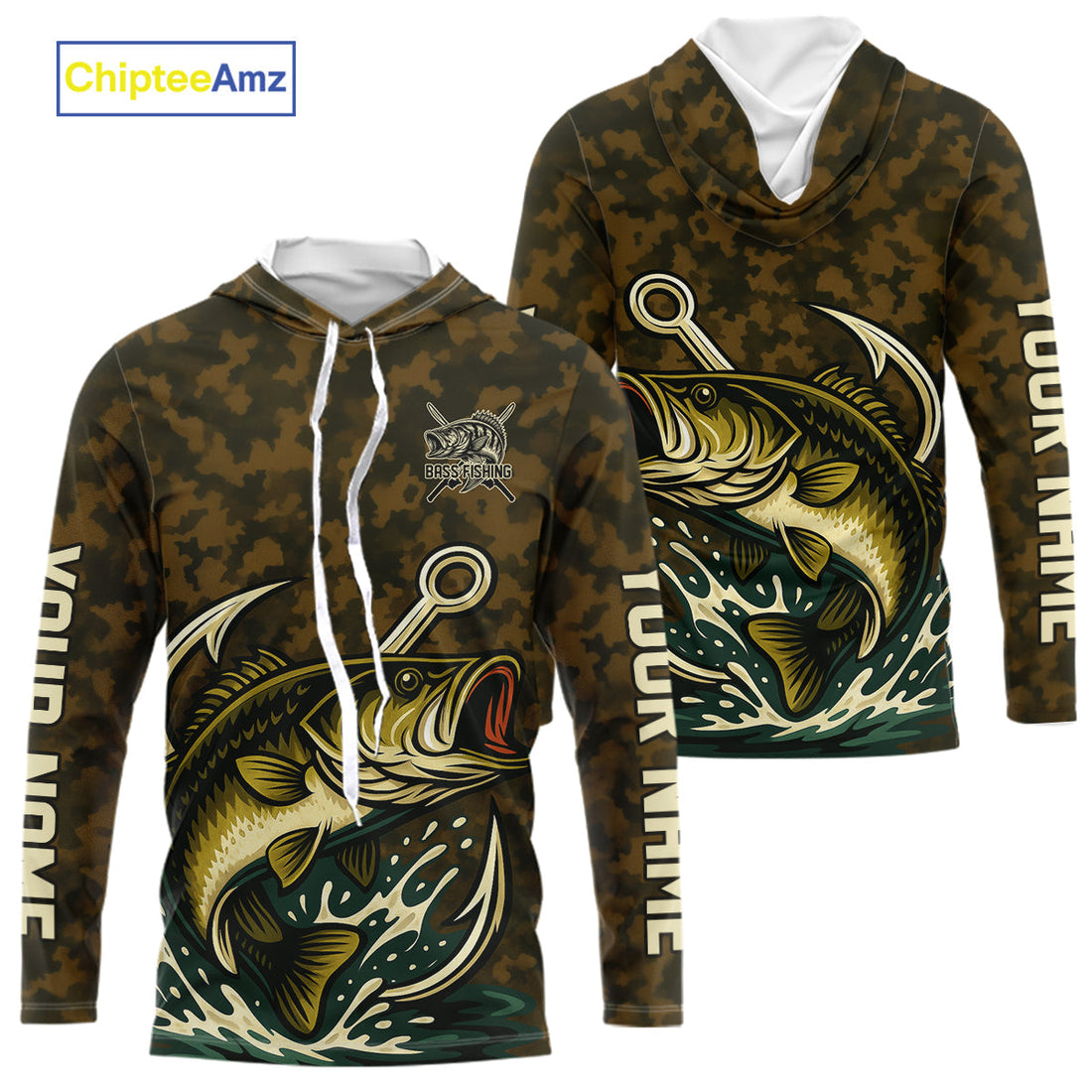 Custom Fish Hook Largemouth Bass Fishing Camo Long Sleeve Hooded Tournament Fishing