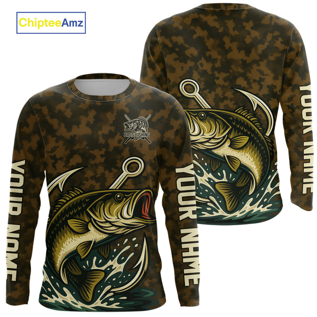 Custom Fish Hook Largemouth Bass Fishing Camo Long Sleeve Hooded Tournament Fishing