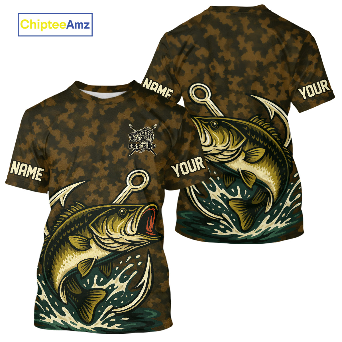 Custom Fish Hook Largemouth Bass Fishing Camo Long Sleeve Hooded Tournament Fishing