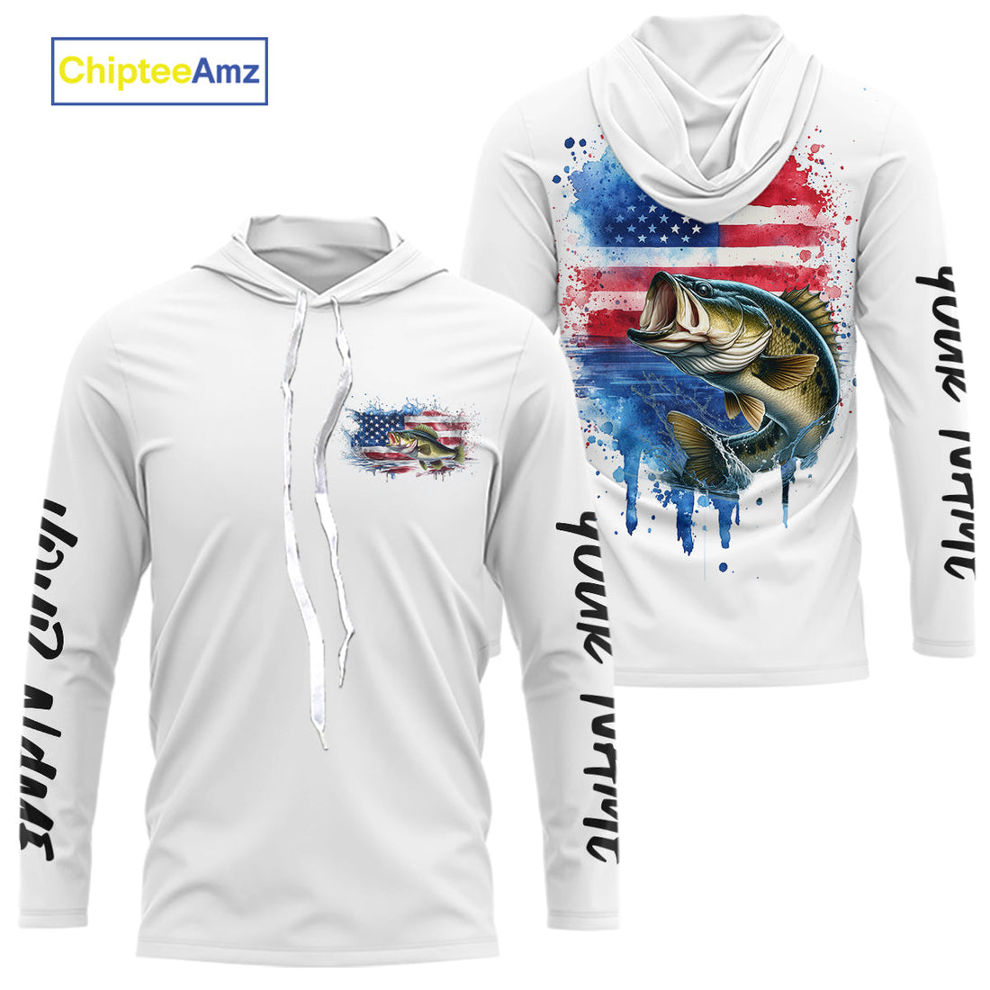 Custom Watercolor American Flag Patriotic Largemouth Bass Long Sleeve Hooded Fishing